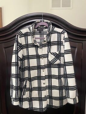 Plaid Teddy Shacket Jacket - Black & White